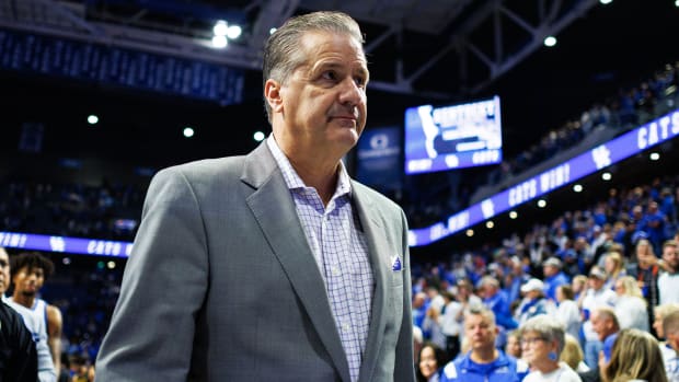 Nov 10, 2023; Lexington, Kentucky, USA; Kentucky Wildcats head coach John Calipari walks off the court after the game against the Texas A&M Commerce Lions at Rupp Arena at Central Bank Center. Mandatory Credit: Jordan Prather-USA TODAY Sports